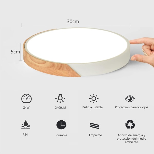 LED Trätaklampa, 24W Modern Rund Trä LED Taklampa
