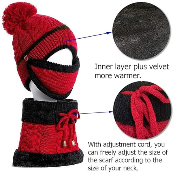 Hatt, Vantar, Halsduk och Ansiktsmask Set för Kvinnor, Dam och Flickor Stickad Be