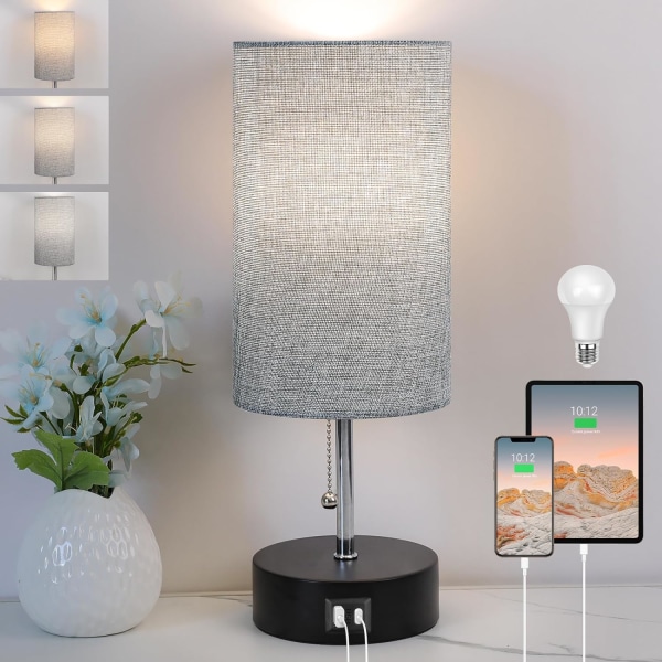 3-Farvet Temperatur Sengelampe Natbordlampe med USB A-port og C-port, Bordlampe til Soveværelse med LED Pære Lille