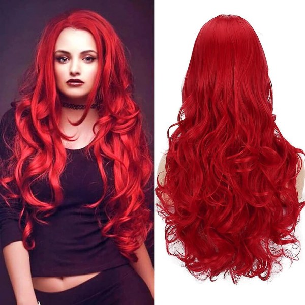 Röd lång lockig peruk helvågig lockig peruk 80cm