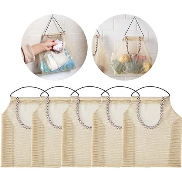 5-pack Andningsbara Mesh Förvaringsväskor för Potatis, Lök, Vitlök