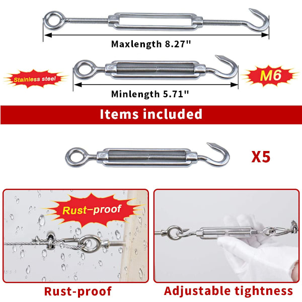 5-pak M6 Haken og Øye Spenner Heavy Duty T304 Rustfritt Stål