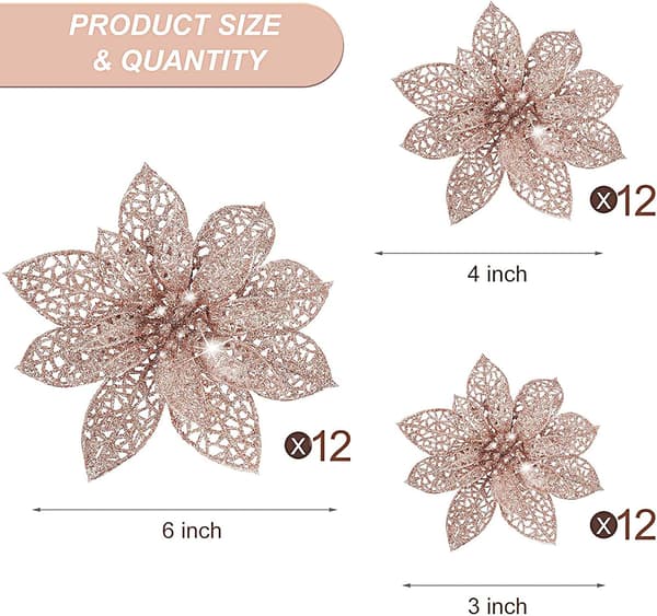 36 Stykker 3 Størrelser Rose Gull Juler Glitter Julestjerne Kunstig Bryllup