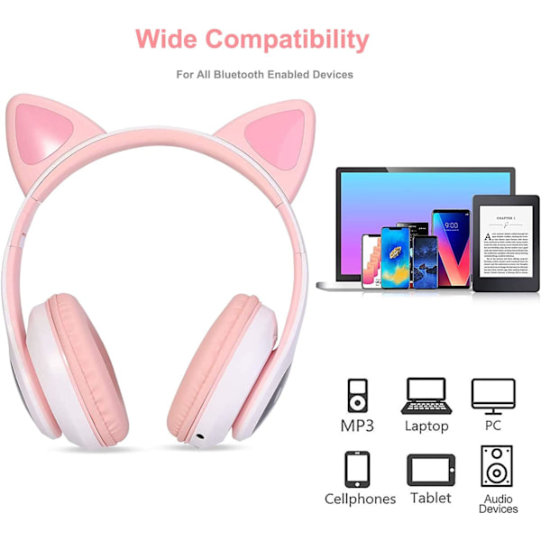 Hörlurar för barn - Vikbara Bluetooth-hörlurar med kattöron och blinkande ljus