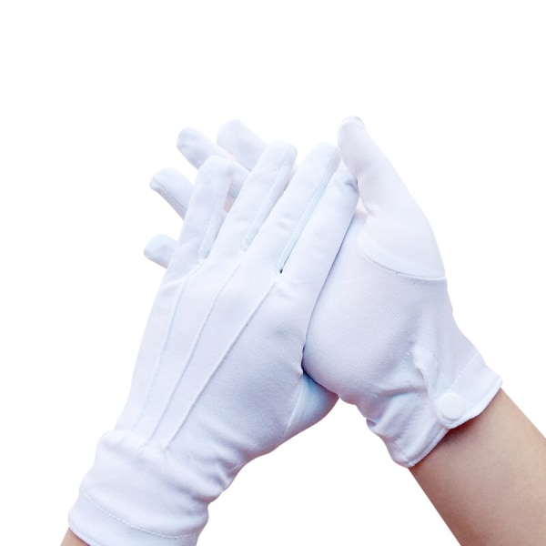 10 par Vita Handskar med Knapp, Storlek Vuxen, Broderade
