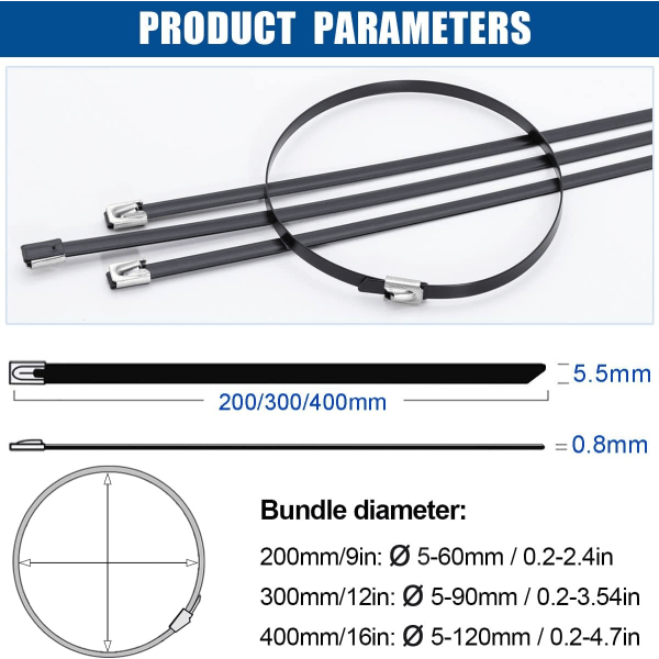 400 x 5,5 mm Rustfrit Stål Kabelbinder, Hårdtøjs Wire Rope Bindinger