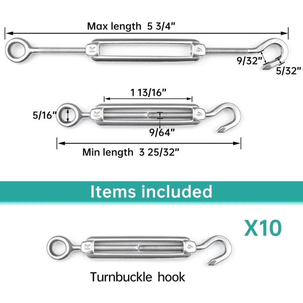 10-pack M4 Haken och Ögla Spännare Tungt T304 Rostfritt Stål