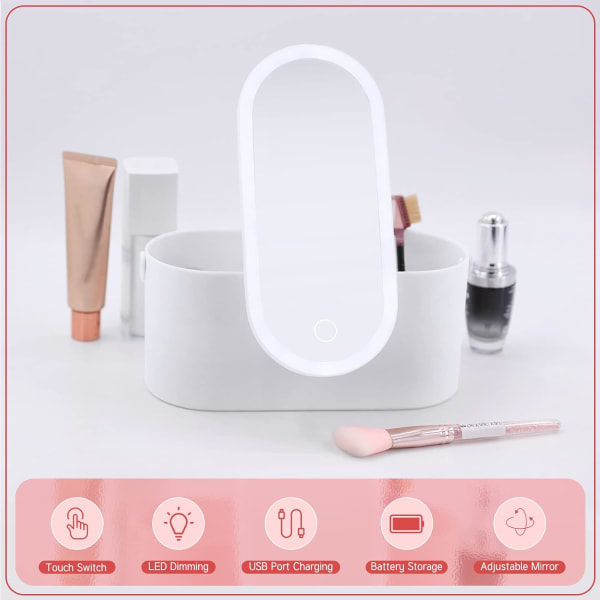 Makeup Organizer Box med Spejl og LED-lys, Bærbar Rejsemakeup