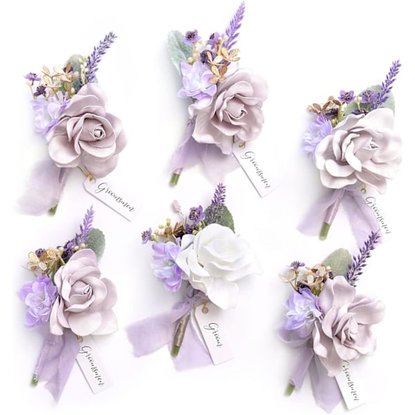 Lila boutonniere för män (6-pack), lila lavendel brudgum brudgummar boutonniere för bröllop, bal, hemkomst, etc.