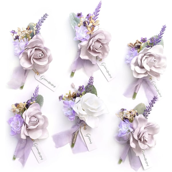 Purple Boutonniere for Men (Set of 6), Lilac Lavender Groom Groomsmen Boutonniere for Wedding,Prom,Homecoming, etc.