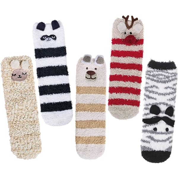 5 Par Damsockor Fuzzy Cozy Mjuka Fluffiga Söta Katt Djur Vinter