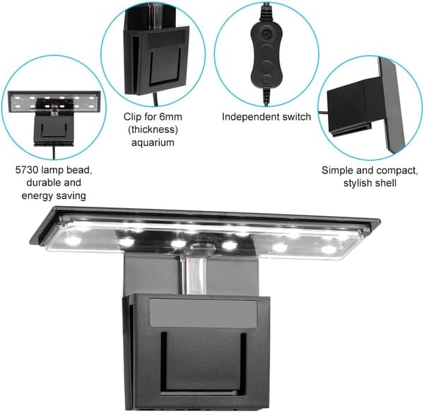 Akvarielampe, 5W Hvit Lys Akvarium Klemmelampe, 12 LED Lampe