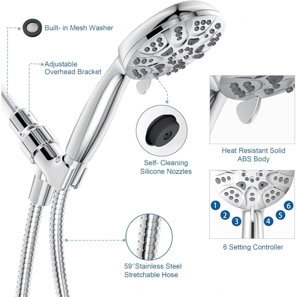 Handduschset med 6 funktioner, högtryckshanddusch H