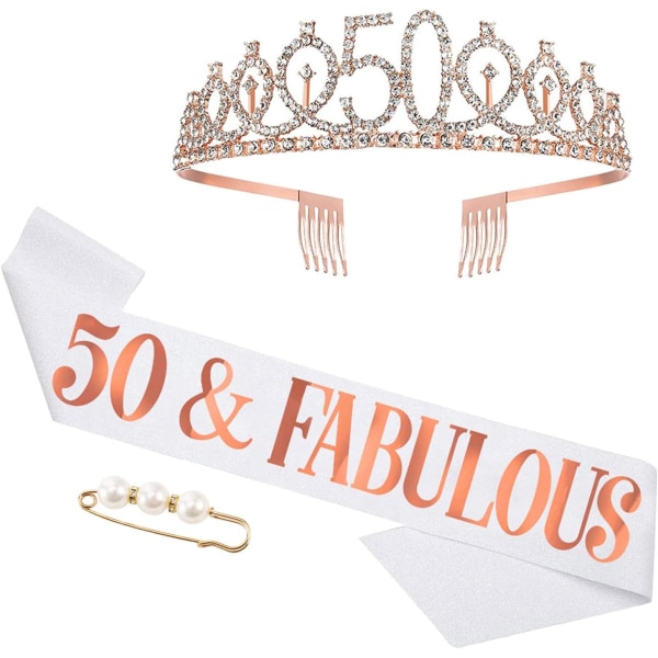 50 års bursdagskrone for kvinner Bursdagssash, Rhinestone Tiara Cro