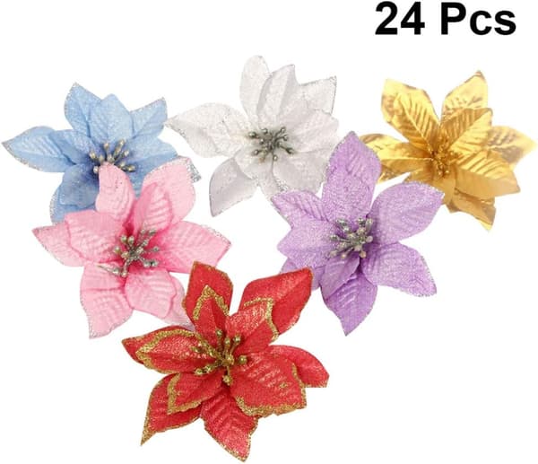 24 Pakk Kunstige Julerosa Blomster med Glitter til Jul