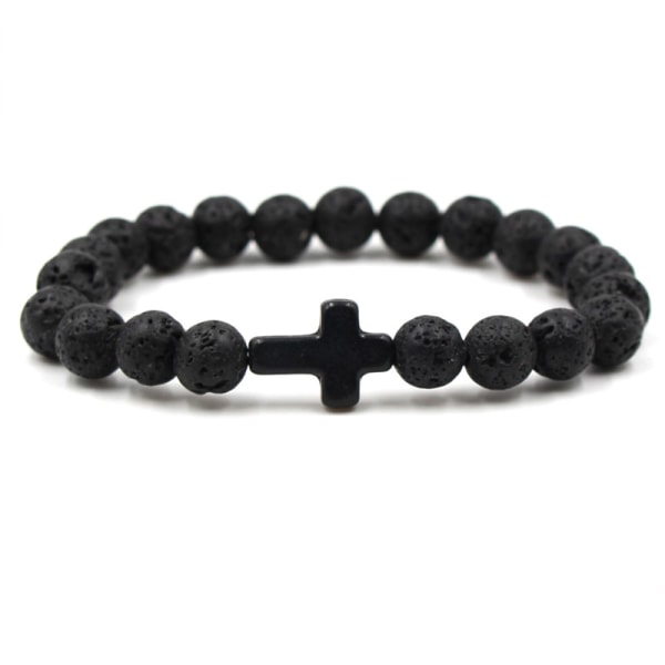 8MM Ornament Lava Vulkanisk Steinperler Turkis Kors Elastisk Strekk Armbånd Religion Armbånd for Kvinner Menn