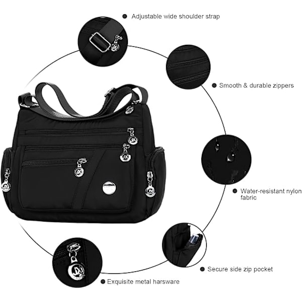 Vattentät nylon crossbody-väska med enkel axel - Svart