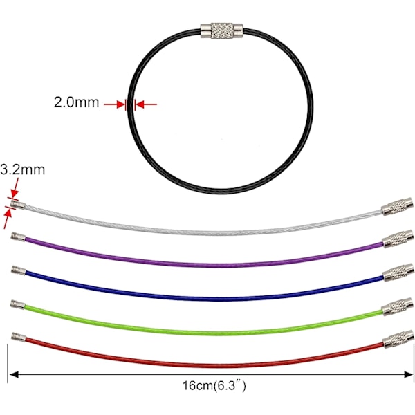 Nøgleringe, 12 stk. 6,3 tommer 2 mm rustfrit ståltrådringe Kabel