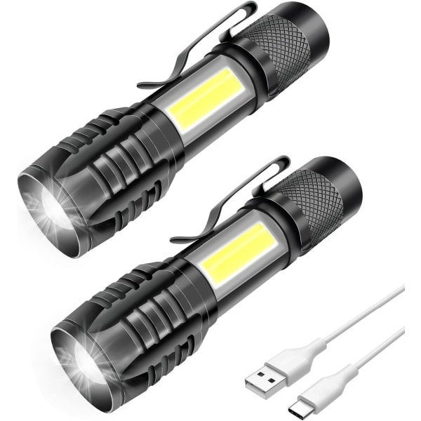 2-pak genopladelig LED-lommelygte, kraftfuld professionel, 3 zoom