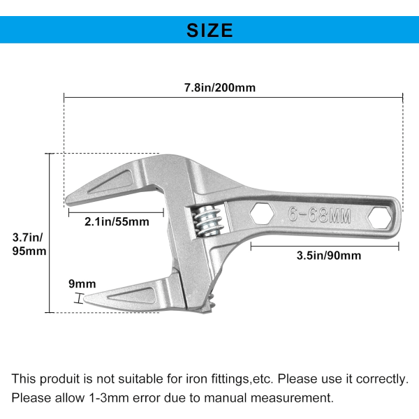 Justerbar skiftenøkkel 6-68 mm Justerbar skiftenøkkel Kort skaft Stor åpning