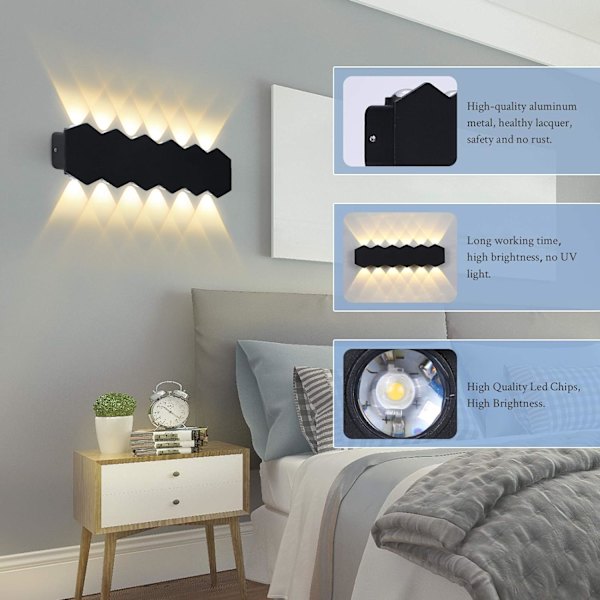 Sisätilojen LED-seinävalaisin 12W Musta Moderni Lamppu, Ylös Alas Spot Alumiini