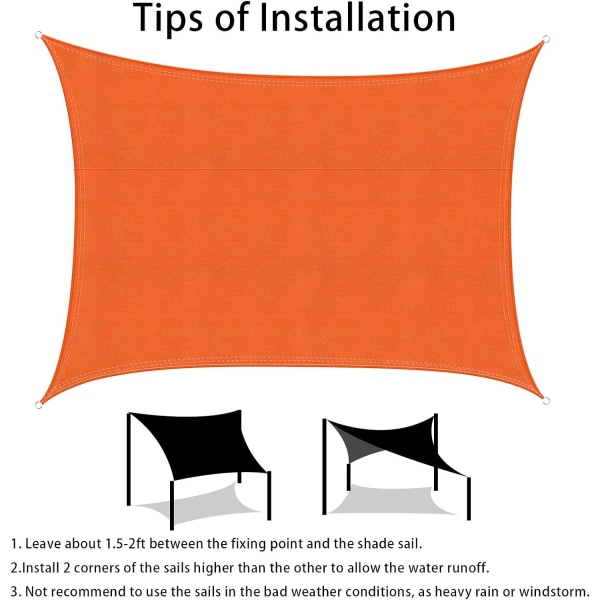 2x3m Orange Rektangulär Solsegel, Vattentät UV-Skydd Cano