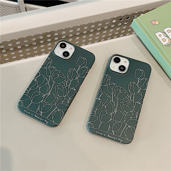 2 stycken personliga mörkgröna blommiga iPhone13PROMAX mobilskal