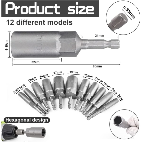 6-19mm Magnetisk Sokkelbit Krom Vanadium Legering Stål Slagbor