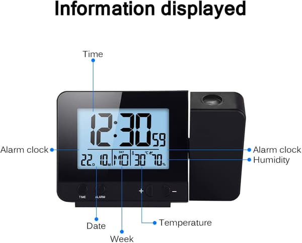（Sort）LED Projektionsur, Digital Vækkeur Projektionsalarm