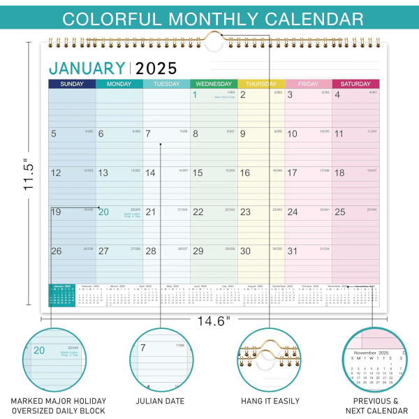 2024-2025 Kalender - Väggkalender 2024-2025, Jul. 2024 - Dec. 2025, 18 Månadskalendrar med Tjockt Papper, 15\" x 11.5\"