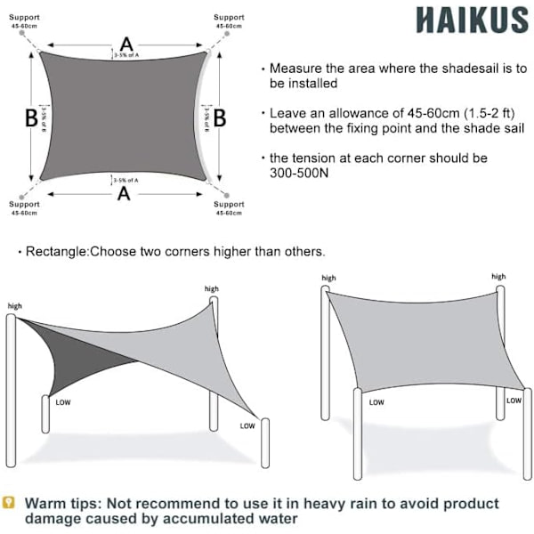 Skyggeseil (HDPE, 180g/㎡), Rektangulær 2x3m, Hage Patio Skygge