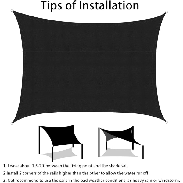 2x3m Musta Suorakulmainen Varjostuspurje, Vedenkestävä UV-Suoja Katokset