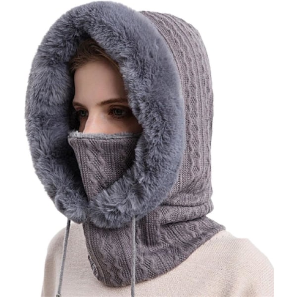 Winter Fur Hat Hooded Mask Set for Women Knitted Fleece Lined