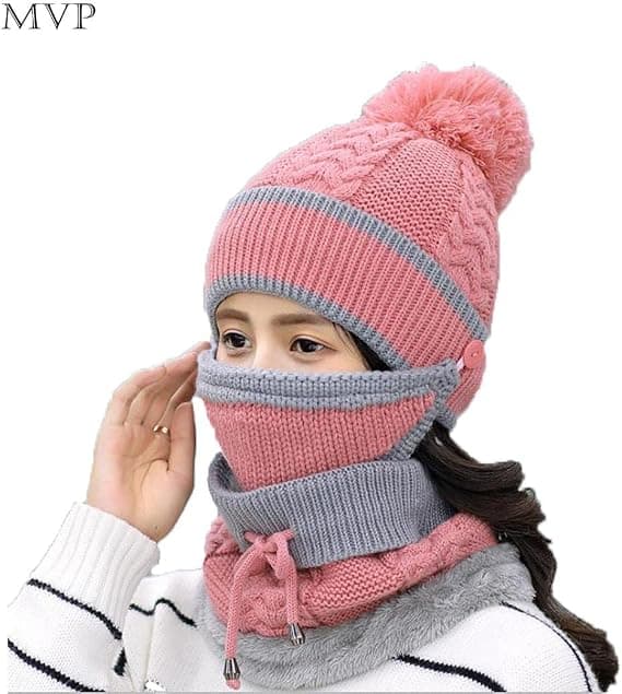 Hatt, Vantar, Halsduk och Ansiktsmask Set för Kvinnor, Dam och Flickor Stickad Be