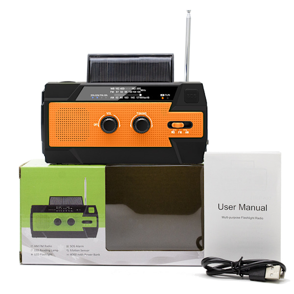 Værradio for nødsituasjoner 4000mAh (Modell A1) Solcelle/Sveiv/Batteri-drevet