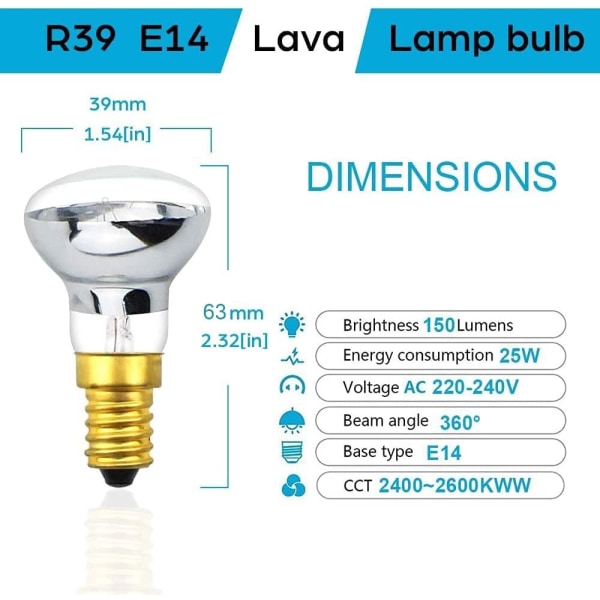 2-pack R39 E14 Reflekterande Glödlampa Spotlight Dimbar Lava Lampa 25W S