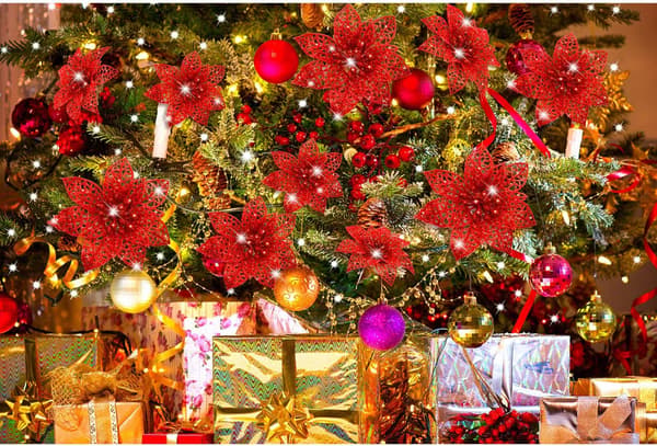 36 Stykker Røde Julerøde Glitter Poinsettia Kunstige Bryllupsblomster