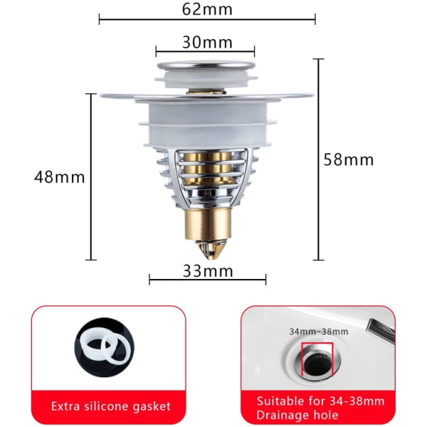 Ø 34-38mm RUOSTUMATTOMA TERÄS pesualtaan tulppa, Universaali Pop Up DXGHC