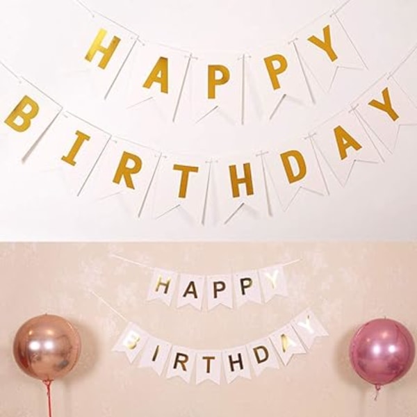Grattis på födelsedagen-banderoll, vit födelsedagsbanderoll med glänsande guldbokstäver