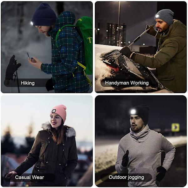 Unisex LED Beanie Hat med Lys, Vinterstrikket Lysende Forlygte H