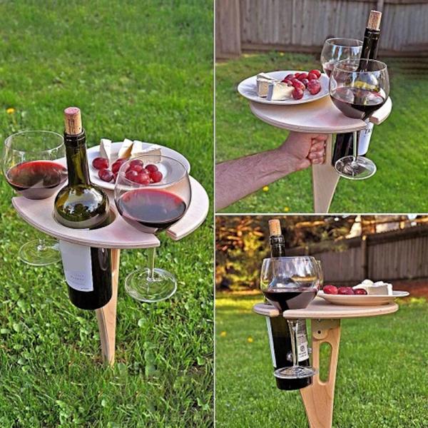 Bärbar vinbord av hopfällbart runt bord Mini trä picknickbord