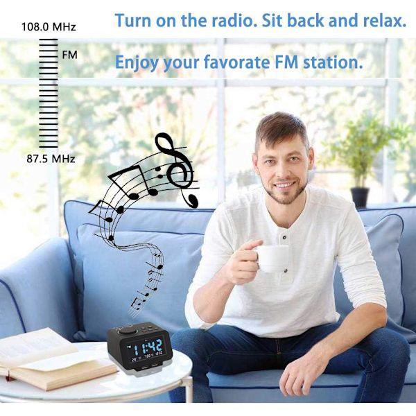 Digital väckarklocka, FM-radio, dubbla USB-laddningsportar, temperatur