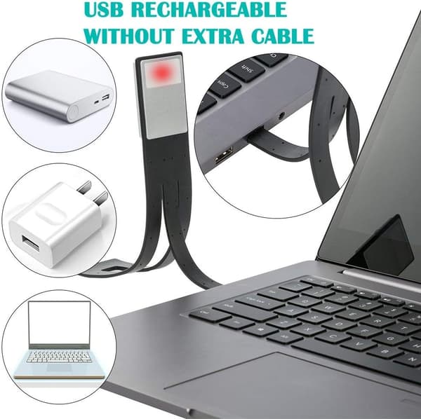 LED-lukuvalo klipsillä, USB-ladattava, 4 kirkkaustasoa