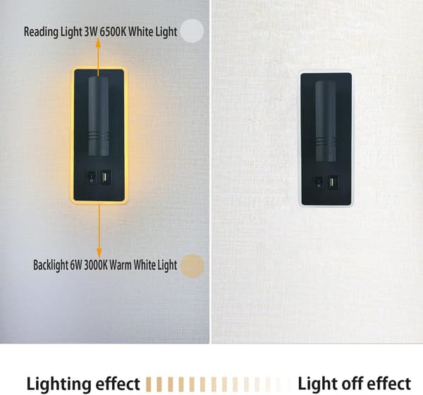 LED Vegglampe, 9W, Sengelampe med USB-lading