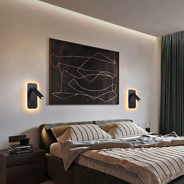 LED Vegglampe, Sengelampe med Bryter, USB-Lading