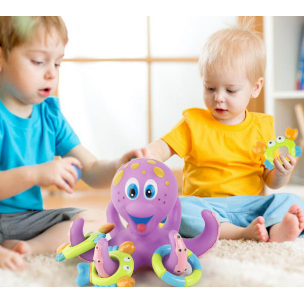 Flytande bläckfiskleksak med 3 ringar - BPA-fri badleksak för pojkar och flickor - 18+ månader - Lila (1-pack)