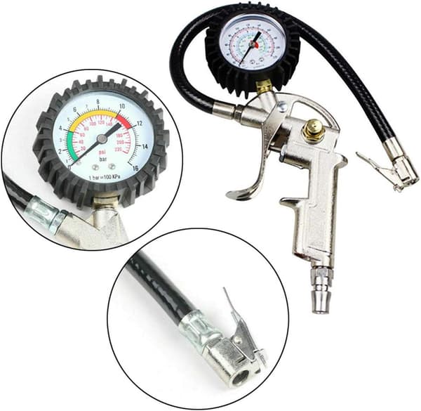 Dæktryksmåler med Manometer 220PSI og Lufttilslutning med Slange