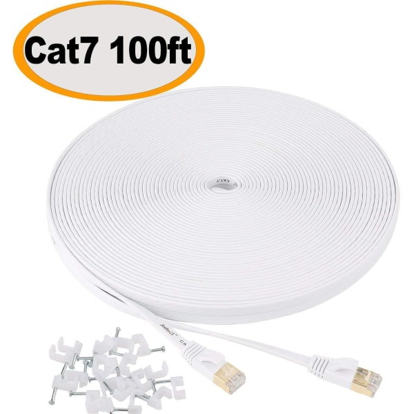 1 stk. 100ft Hvid Cat7 Netværkskabel Flad Netværksjumper Ultra-