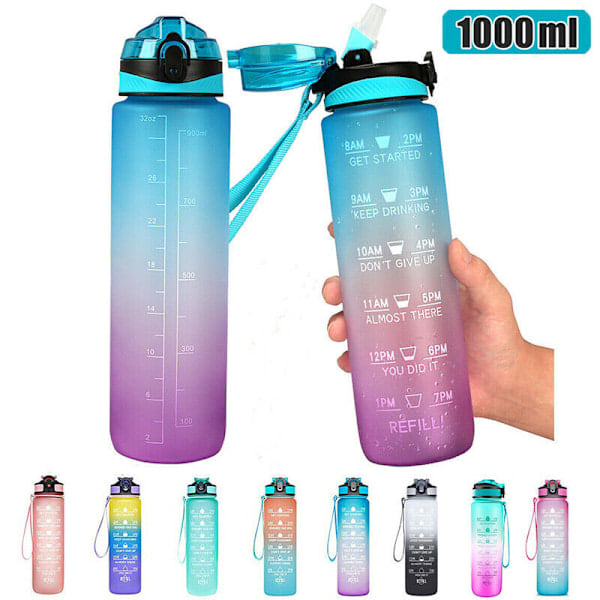 2-pack - 1 l vattenflaska med sugrör och timer Grön-Rosa