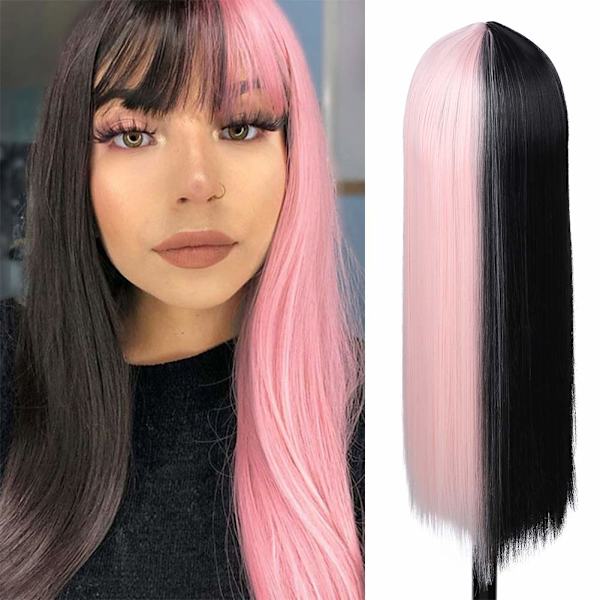 Puolitumainen Pinkki ja Musta Pitkä Suora Peruukki, Bangs, Cosplay Nat